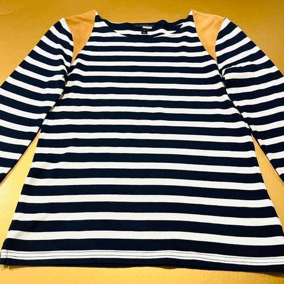 J. Crew Striped Long Sleeve Leather Capped Shoulders Top Size Small - Picture 4 of 7